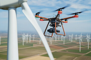 Drone equipped with advanced technology captures data over expansive wind farm for optimization purposes