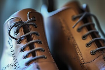 A pair of brown shoes with laces on, perfect for everyday use
