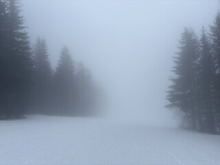 lost in the fog on the snowy mountains