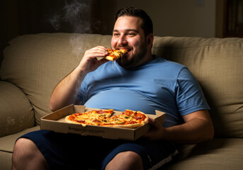 Fat man on the couch with a satisfied face eating pizza and watching TV