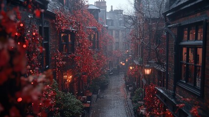 Enchanted Rainy Alleyway: A Picturesque Autumn Evening in a European City