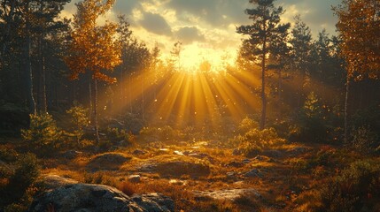 Obraz premium Golden Hour in the Forest: Sunbeams Dance Through Autumn Trees