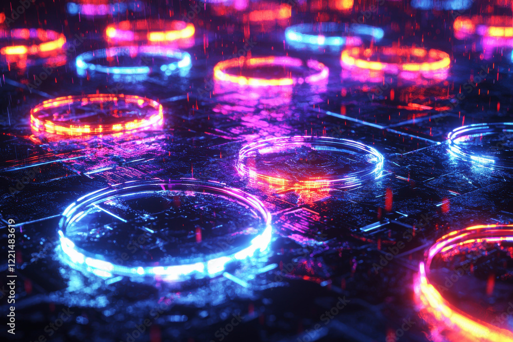 Poster futuristic glowing holographic rings creating dynamic patterns on a textured dark surface