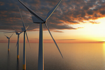 Futuristic offshore wind farm with turbines in calm ocean waters at sunrise