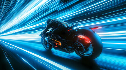 Obraz premium Futuristic motorbike speeding on galactic highway, surrounded by vibrant blue light trails, creating sense of motion and excitement. Galactic Path. Illustration