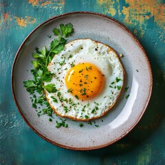 A perfectly cooked sunny-side up egg sits on a plate, garnished with fresh herbs, showcasing a bright yolk against a rustic blue background, ready to be enjoyed.