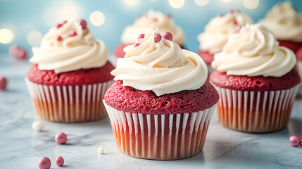 Delicious red velvet cupcakes topped with cream cheese frosting on a marble surface during a festive celebration