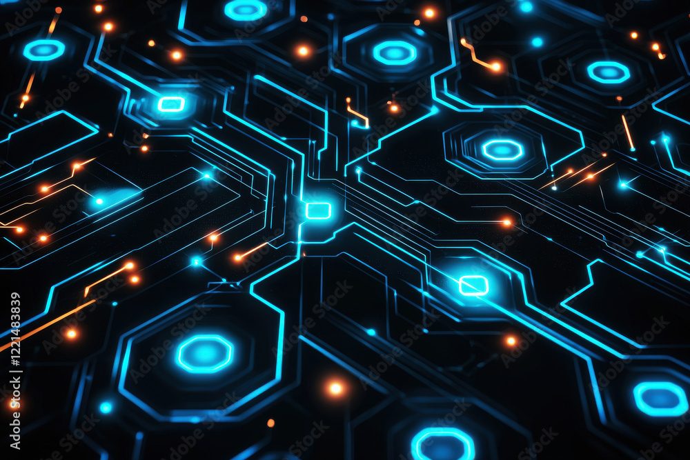 Poster futuristic pattern of glowing neon circuits on a black background with a tech-inspired design featur