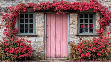 Cottage Door Adorned with Blooming Roses