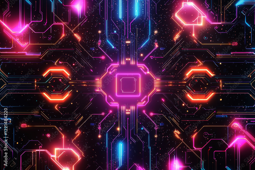 Poster futuristic glowing neon circuits form a symmetrical pattern on a dark background highlighting intric