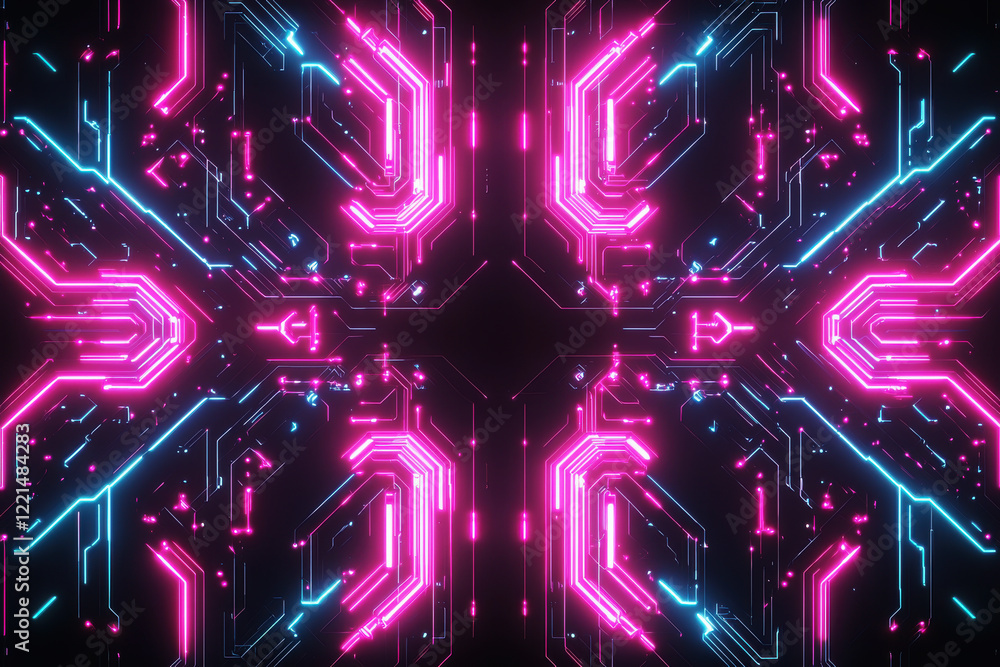 Poster futuristic glowing neon circuit pattern on a black background with a symmetrical arrangement