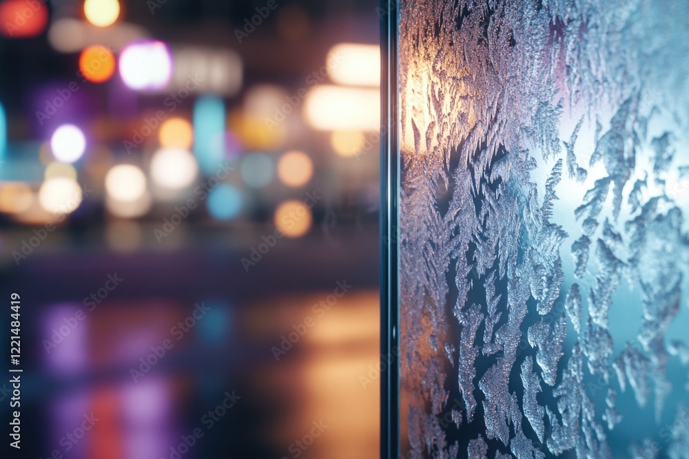 Poster a close-up view of a frosty window with lights shining through from behind, ideal for use as a winte
