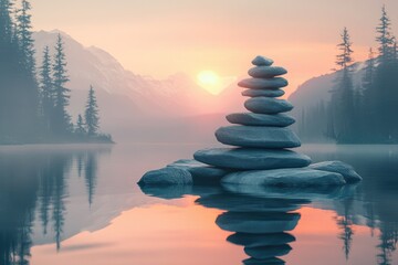 Obraz premium Serene sunset scene with a carefully balanced stack of stones on a calm lake surrounded by misty mountains and evergreen trees.
