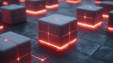 Abstract geometric cubes softly illuminated from within, glowing in gradients of blue and pink.