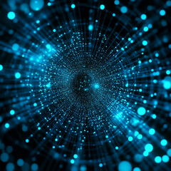 Obraz premium Abstract glowing digital network tunnel with blue dots, futuristic technology concept. Business background