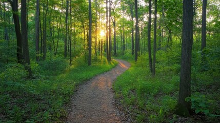 Serene forest path at sunset with lush greenery and sunlit trees