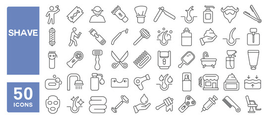 Set of 50 line icons related to shave, beard, barber, hair, razor, blade, cut, style, scissor, brush, care, cream, foam, Editable stroke. Vector illustration