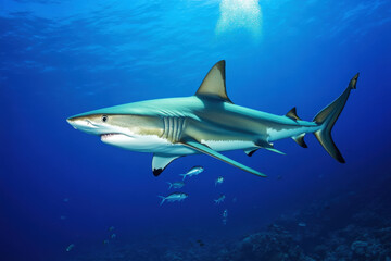 Fototapeta premium Magnificent shark gliding gracefully through vibrant ocean depths with small fish companions and gentle sunlight above