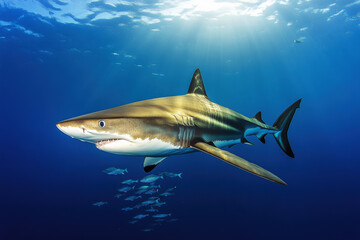 Fototapeta premium Magnificent shark gliding gracefully through the vibrant blue ocean alongside a school of small fish in illuminated depths