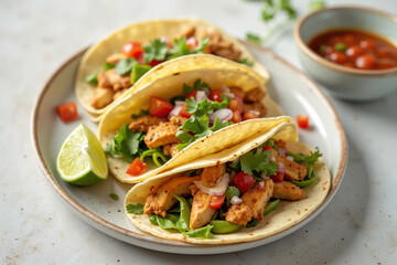 Grilled chicken tacos with guacamole and lime on plate