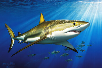 Fototapeta premium Majestic shark glides through deep blue ocean with small fish companions under radiant sunlight