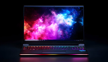 Modern laptop computer with RGB lighting on a dark background