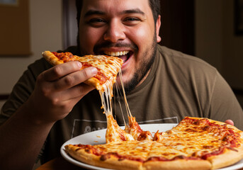 Fat man with a satisfied face eating pizza