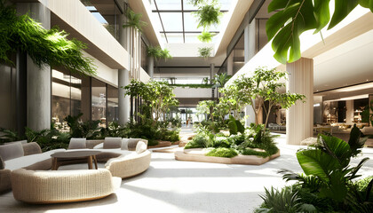 Modern shopping mall with spacious open layout, abundant natural light, and green indoor landscaping creating a serene and inviting environment for visitors