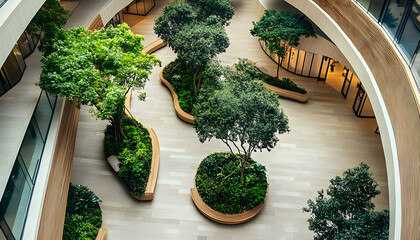 Modern shopping mall with spacious open layout, abundant natural light, and green indoor landscaping creating a serene and inviting environment for visitors