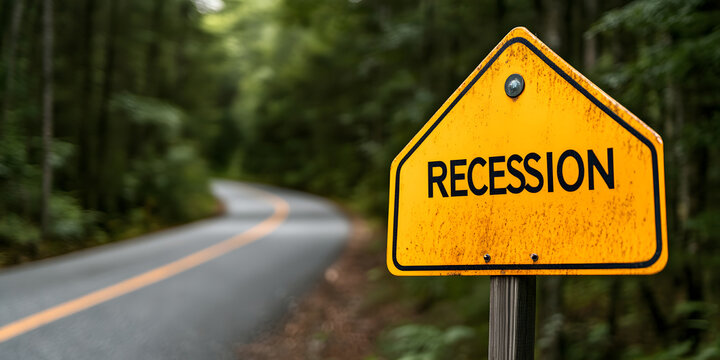 Recession Warning Sign on Winding Road.  A weathered yellow sign stands beside a curving road through a forest, warning of an economic downturn.