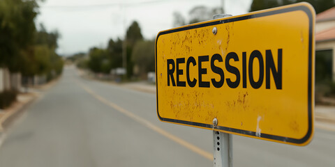 A weathered yellow road sign starkly reads 'Recession' against a blurred background of a residential street. The image conveys a sense of economic downturn and uncertainty.