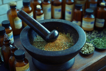 Grinding medicinal herbs using mortar and pestle in a traditional herbal remedy setting with various remedy bottles nearby