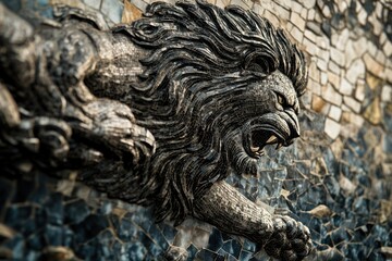 A mosaic lion statue, powerfully sculpted, ferociously snarling, embedded in a stone wall.