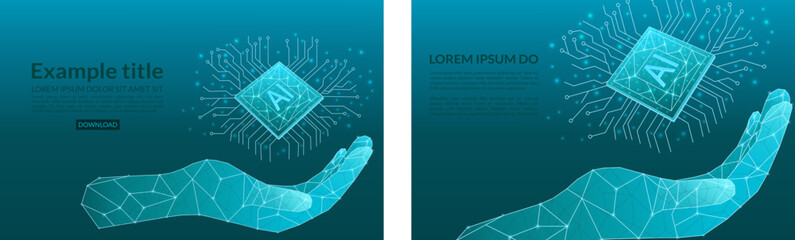 Abstract digital AI chip between turquoise blue tech wireframe palms. Artificial intelligence technology background. Semiconductor or microchip protection. Low poly wireframe vector illustration.