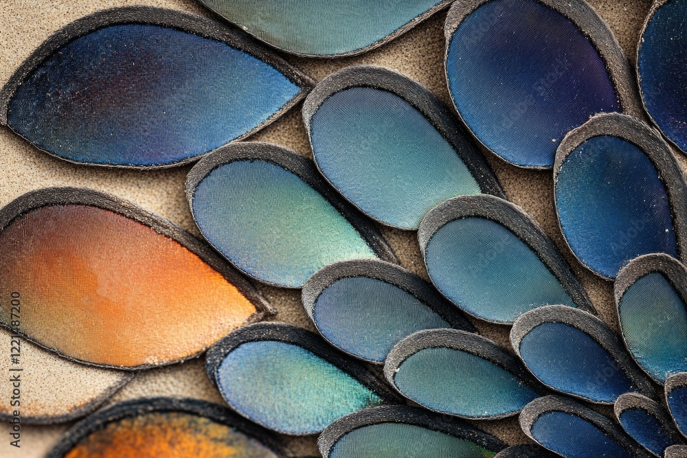 Poster close-up of iridescent, overlapping scales creating a vibrant, textured pattern.