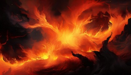 Fiery nebula blazing against cosmic darkness, stellar clouds churning with vibrant energy and luminous plasma formations