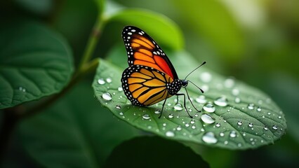 Obraz premium Macro photography of an orange butterfly with dew drops on a green leaf 