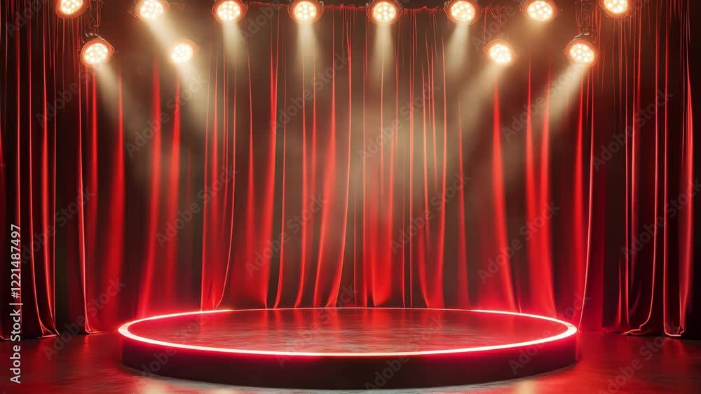 Poster a striking stage features rich red curtains and dynamic spotlights shining down, setting the mood fo