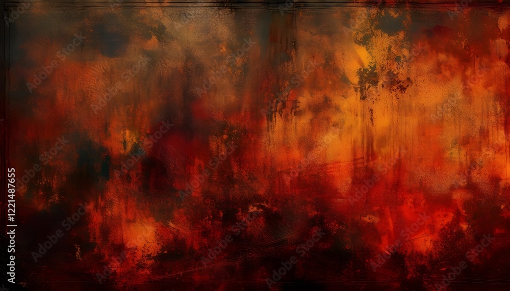 Poster warm colors mixing on textured canvas, creating an abstract painting with a fiery atmosphere