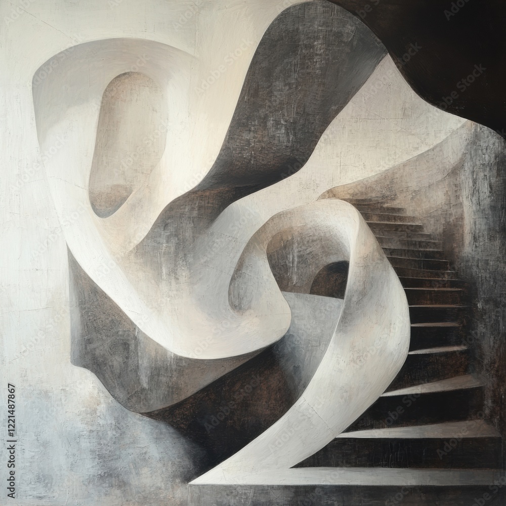 Poster stunning abstract staircase artwork blending curves and shadows in a monochromatic palette. generati