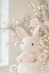 Obraz premium cute stuffed rabbit holding heart, surrounded by soft flowers and lights