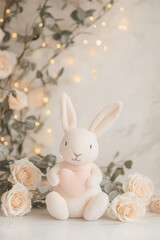 Obraz premium Soft bunny toy holding heart surrounded by roses and greenery