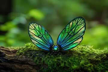 Naklejka premium A vibrant green and blue insect with iridescent wings rests on a mossy log in a lush forest.