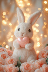 Cute bunny holding heart surrounded by pink roses and soft lights