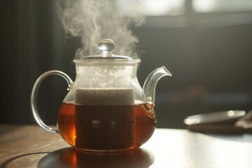 Steaming pot of tea in morning light