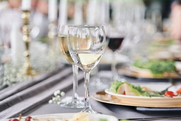 Table set for an event party or wedding reception. Banquet table design