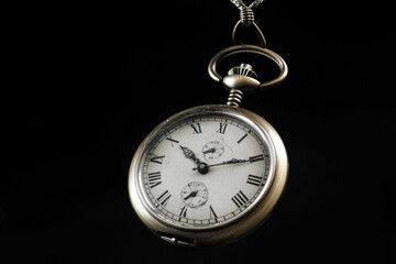 A vintage-style silver pocket watch hangs from a chain, perfect for nostalgic or historical scenes