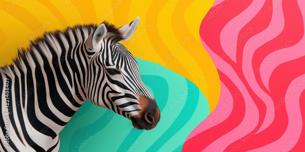 Poster a zebra is staring at the camera with a colorful background. the zebra is the main focus of the imag