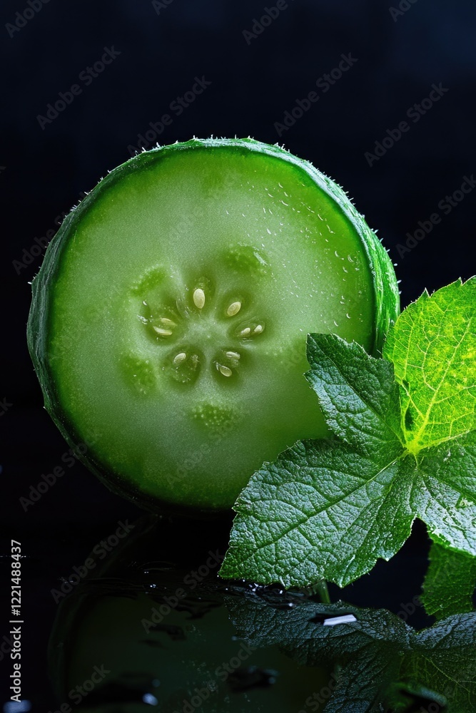 Poster a fresh slice of cucumber sitting next to a fragrant mint leaf