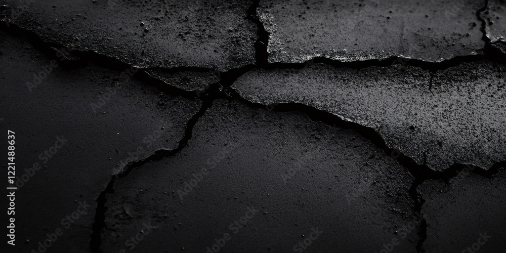 Poster deep cracks splitting a dark, textured surface, creating a dramatic and abstract pattern, ideal for 